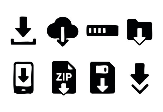Download and file transfer solid icons &mdash; cloud download, progress bar, zip file &mdash; stock vector.