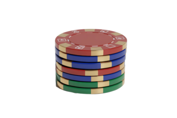 A vibrant stack of casino poker chips in red, blue, and green with gold accents, ready for gaming or betting. background removed