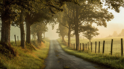 Serene misty morning country road lined with tall trees and wooden fences stretching into soft sunlight in a peaceful rural landscape setting