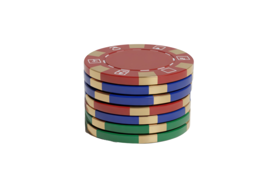 A vibrant stack of casino poker chips in red, blue, and green with gold accents, ready for gaming or betting. background removed
