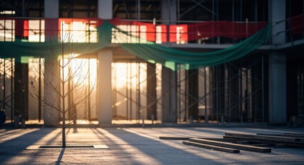 Bare tree standing solitary in front of an unfinished building at golden hour, casting long shadows across the construction site ground