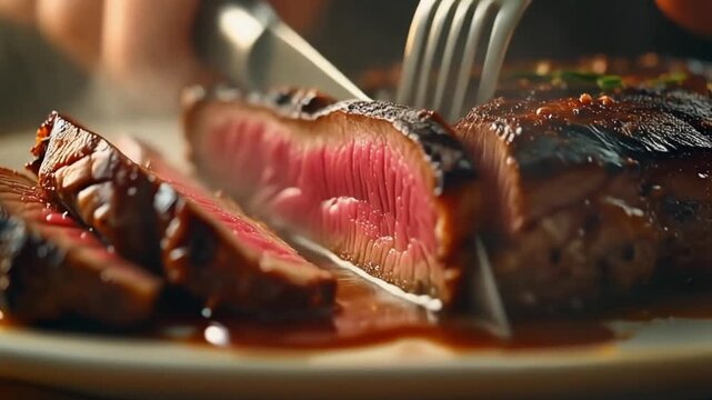 a warm, juicy steak on a plate being sliced with a sharp knife