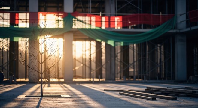 Bare tree standing solitary in front of an unfinished building at golden hour, casting long shadows across the construction site ground - Powered by Adobe