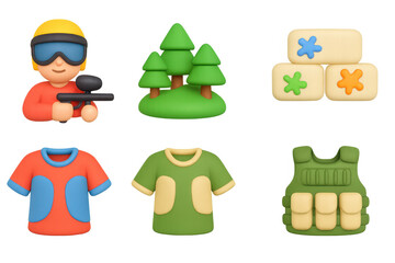 Cartoon paintball icons featuring player, gear, trees, and colorful splashes for game design