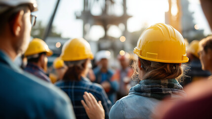Faceless diverse team of anonymous workers gathered at drilling location site energy sector employees collaboration industrial site operations teamwork petroleum extraction work