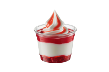 A clear cup layered dessert featuring white soft serve with red strawberry syrup drizzle, creamy white filling, and a red fruit base. background removed