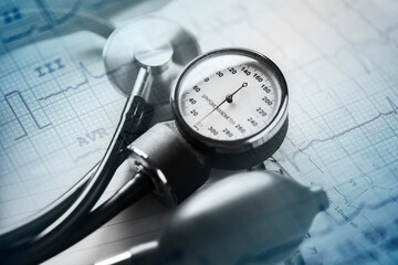 Stethoscope and medical documents. Selective focus. Blue tone image. Medical and healthcare concept.