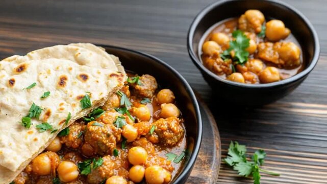 Spicy Chickpea Dish with Flatbread: A bowl of flavorful chana masala, a spicy chickpea dish, is presented alongside a soft flatbread on a dark wooden surface.