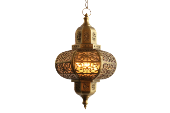 An ornate brass Moroccan lantern with intricate geometric patterns hangs illuminated, casting a warm glow against a transparent background. background removed