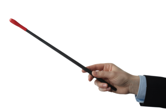 A professional's hand holds a black presentation pointer with a red tip, poised for directing attention or explaining concepts. background removed