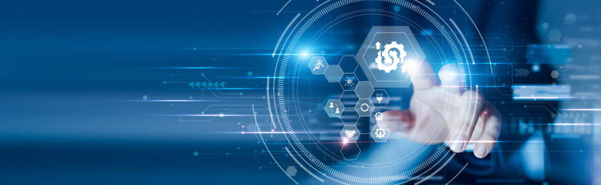 Businessman touching the business integration system and unified operations panel. Connected processes, seamless workflows, digital alignment and organizational harmony.