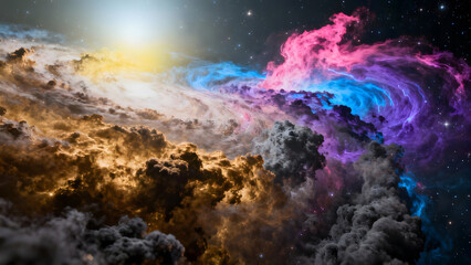 Colorful cosmic nebula with swirling clouds and bright starlight