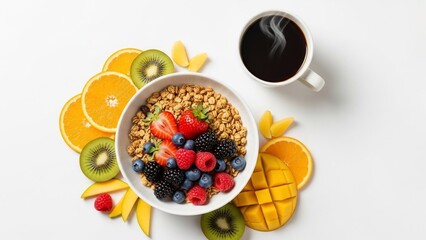Healthy breakfast bowl with granola, fresh berries, and tropical fruits, served with coffee.