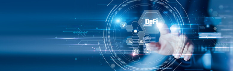 Businessman touching the DeFi platform and blockchain-based finance tools. Smart contracts, digital assets, secure transactions and decentralized operations. © AD