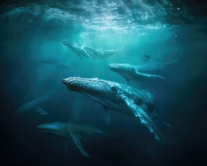 Fototapeta premium A panoramic underwater view reveals whales moving in unison. Serenity, freedom, and the expansive marine environment.