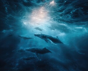 Fototapeta premium A panoramic underwater view reveals whales moving in unison. Serenity, freedom, and the expansive marine environment.