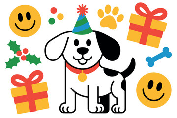Naklejka premium A cheerful dog wearing a party hat is surrounded by festive elements and gifts.