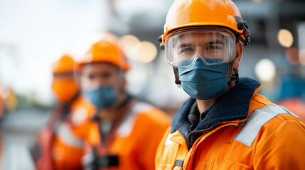 Faceless offshore anonymous workers wearing complete personal protective equipment energy sector workforce in safety gear industrial maritime employees petroleum extraction prof