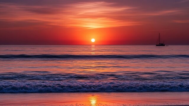 Vibrant sunset over the ocean with a distant sailboat and gentle waves on the shore.