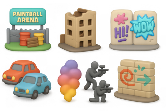 Urban paintball adventure scenes and elements for creative design