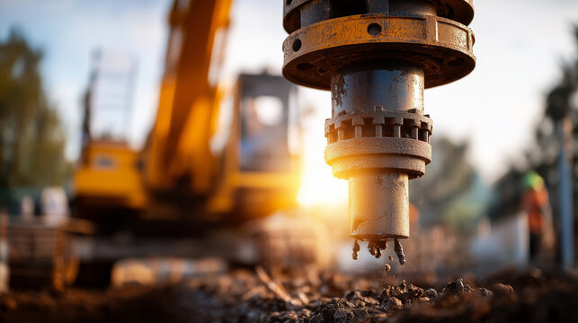 Extreme close up drilling bit penetrating hard ground creating deep hole for bored pile foundation excavation equipment in action construction drilling operations industrial bor