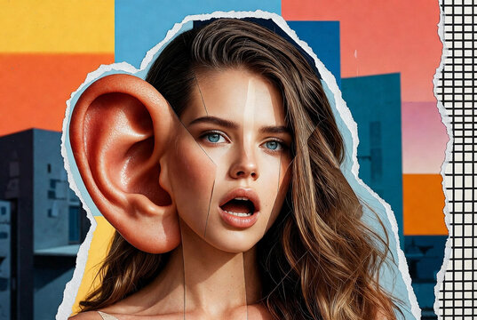 This artwork features a woman's face with a warped appearance, accompanied by an oversized ear. Contemporary mixed media collage. - Powered by Adobe