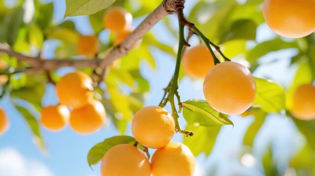 Golden Orchard's Bounty: A sun-kissed orchard is laden with ripe, golden fruits, dangling temptingly from branches. Against a clear sky, the scene radiates freshness and abundance.