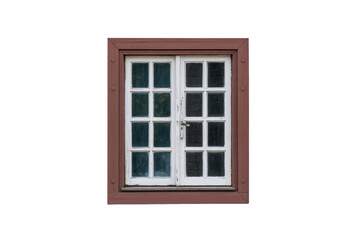 Obraz premium An old double-sash window with a rustic brown frame and white sashes, featuring multiple glass panes, isolated on a transparent background. background removed