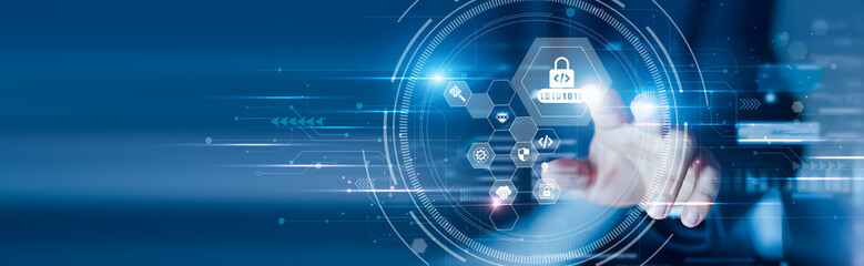Businessman touching the secure coding and safe scripts, vulnerability checks, encrypted systems, code protection, threat prevention, cyber defense