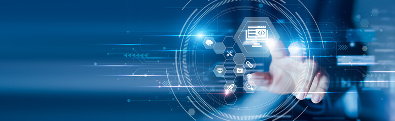 Businessman touching the web development and coding interfaces, UI design, responsive pages,...