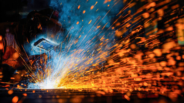 Industrial worker welding metal with protective gear as bright orange sparks and vibrant blue smoke illuminate the dark workshop environment in dynamic motion