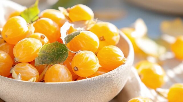 Golden Berries in a Ceramic Bowl: A close-up captures a vibrant collection of golden berries. Nestled within a rustic ceramic bowl, the berries glisten with a natural glow.