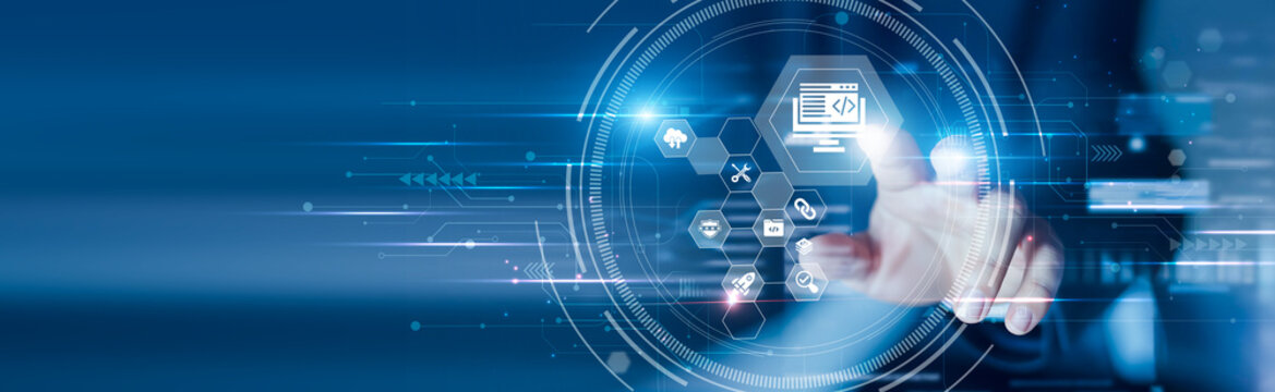 Businessman touching the web development and coding interfaces, UI design, responsive pages, digital frameworks, site creation, modern platforms
