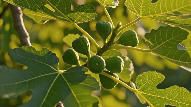 Closeup of green figs growing on a fig tree branch in natural sunlight.