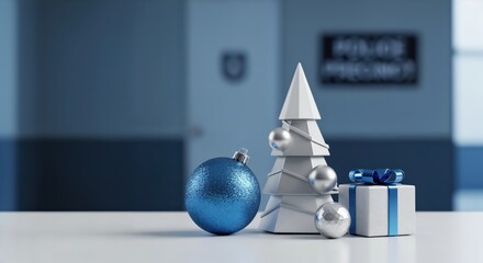Elegant blue and silver Christmas ornaments and gift box with a geometric white tree on a clean surface in a blurred professional office background