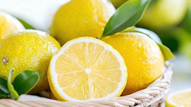 Zesty Citrus: A close-up showcases a basket overflowing with ripe, sun-kissed lemons.  The vibrant yellow hues of the fruit contrast beautifully with the fresh, green leaves.