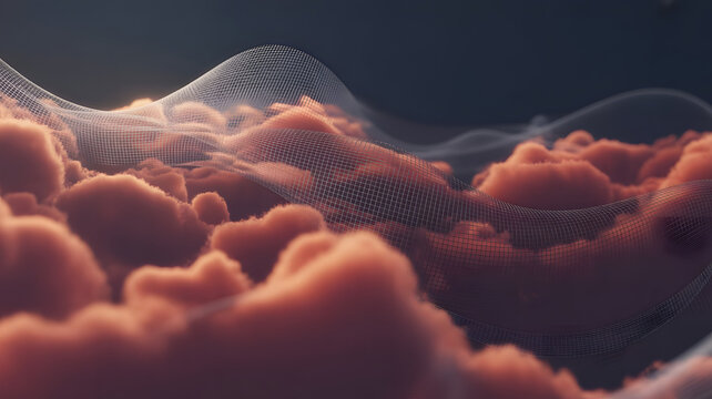 Abstract ethereal landscape of organic forms and digital grids