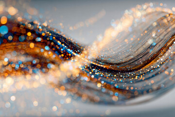 Curved streams of glowing particles in warm and cool tones creating a dynamic abstract background with vibrant light reflections and bokeh effect