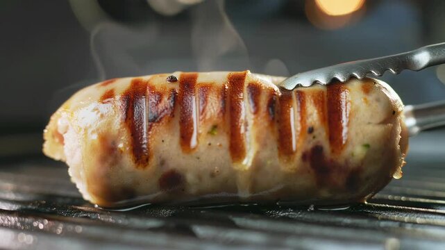 Ultra macro plant-based sausage browning on a hot grill with sharp grill marks, tiny beads of oil and soft steam collecting along the edges, captured in warm cinematic light against a dark background