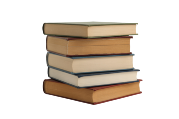 A vertical stack of six old, vintage hardcover books with worn covers and yellowed pages, showcasing a timeless collection of knowledge. background removed