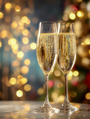 Two elegant champagne flutes filled with sparkling golden bubbles set against a festive background of warm, glowing lights perfect for celebration moments