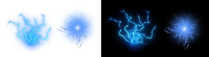 PNG image of Four blue lightning effects showcase energy and power for graphic design and visual effects ideal for science fiction fantasy and technology projects on transparent background