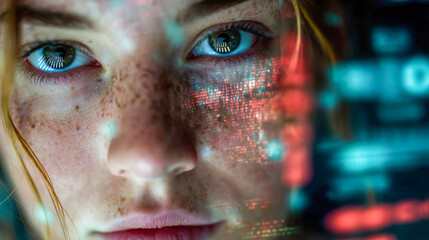 Close-up of a focused young woman?s face with digital data and code reflections symbolizing cybersecurity, futuristic technology, and artificial intelligence concepts