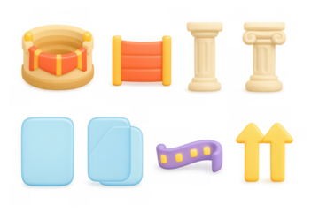 Vibrant 3d cartoon icon set featuring columns, arrows, and stadium elements for creative design