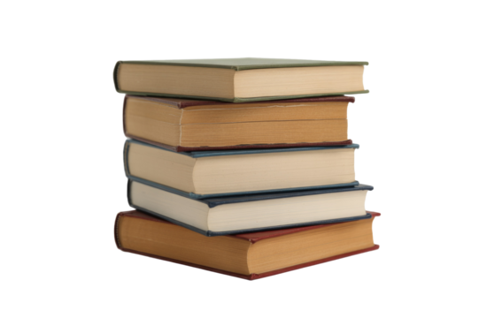 A vertical stack of six old, vintage hardcover books with worn covers and yellowed pages, showcasing a timeless collection of knowledge. background removed