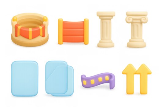 Vibrant 3d cartoon icon set featuring columns, arrows, and stadium elements for creative design - Powered by Adobe