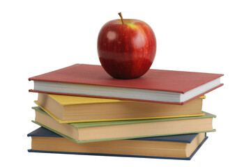 A vibrant red apple rests atop a colorful stack of four books, symbolizing education, knowledge, and learning on a transparent background. background removed