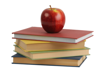 A vibrant red apple rests atop a colorful stack of four books, symbolizing education, knowledge, and learning on a transparent background. background removed