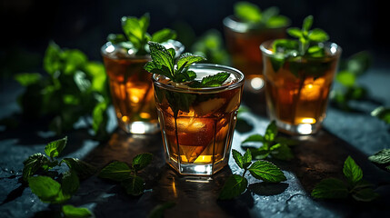 Refreshing iced tea with mint garnish on dark slate