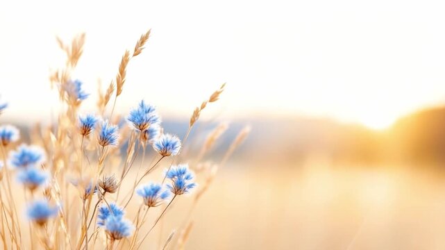 Serene Meadow at Sunrise: Delicate blue cornflowers gently sway in a golden field, bathed in the soft light of a tranquil sunrise, creating a scene of peace and serenity.